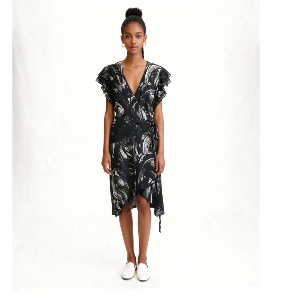 H By Halston Abstract Print Wrap Mini Ruffle Dress Size Large Black White V-Neck